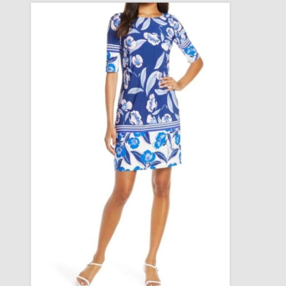 Eliza J Floral Sheath Dress Knee Length Short Sleeve Shift Dress